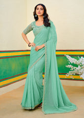 Teal Green Georgette Zari Embroidery Saree-4278