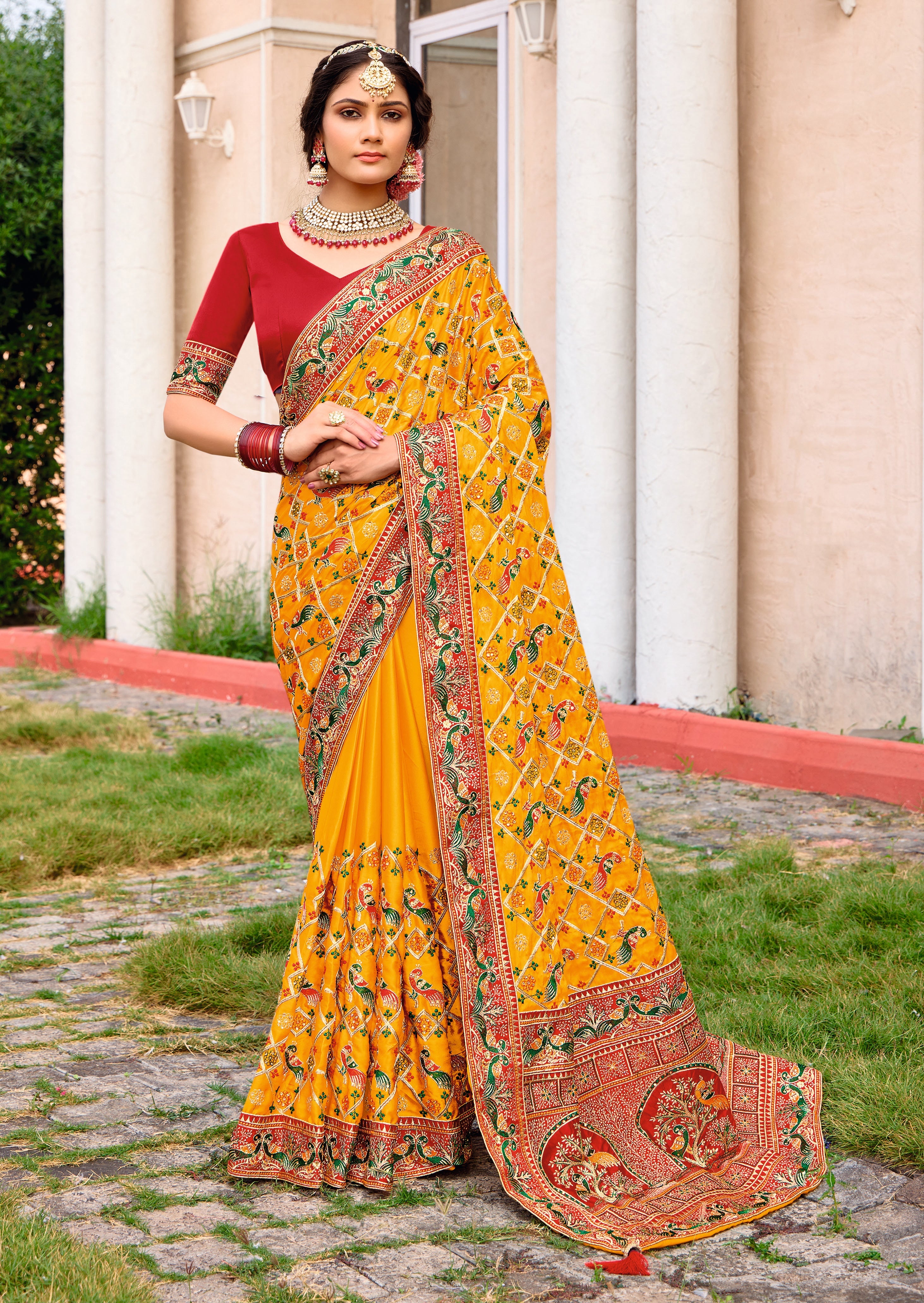 Mustard Satin Silk Embroidery Saree-4423