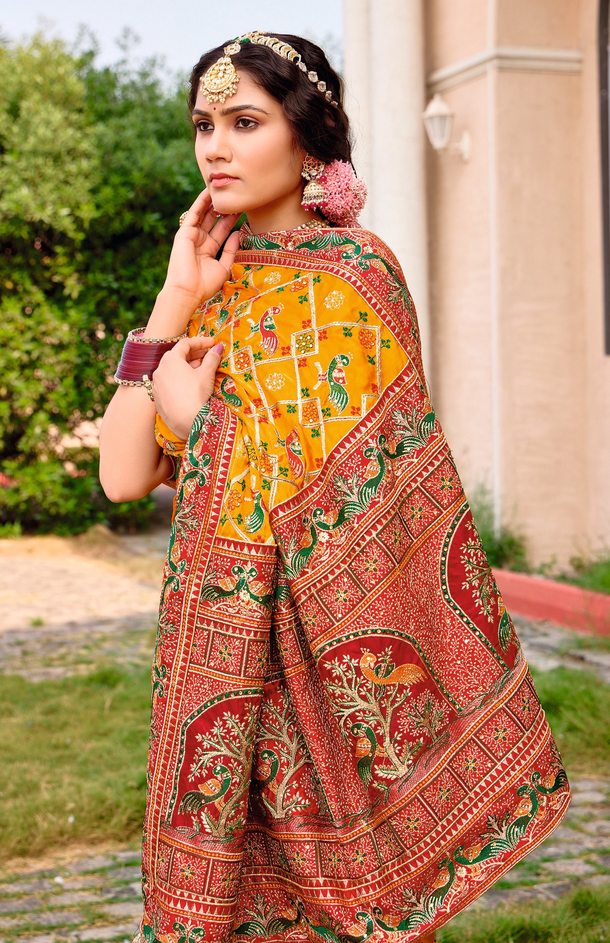 Mustard Satin Silk Embroidery Saree-4423