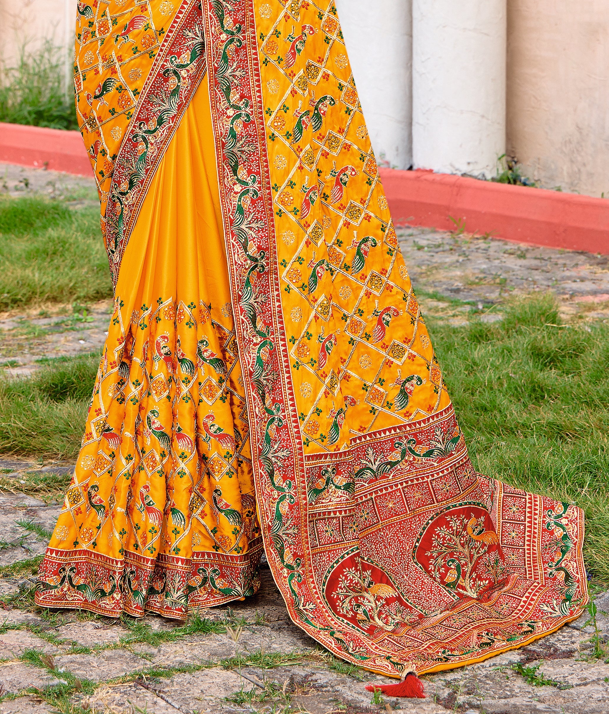 Mustard Satin Silk Embroidery Saree-4423