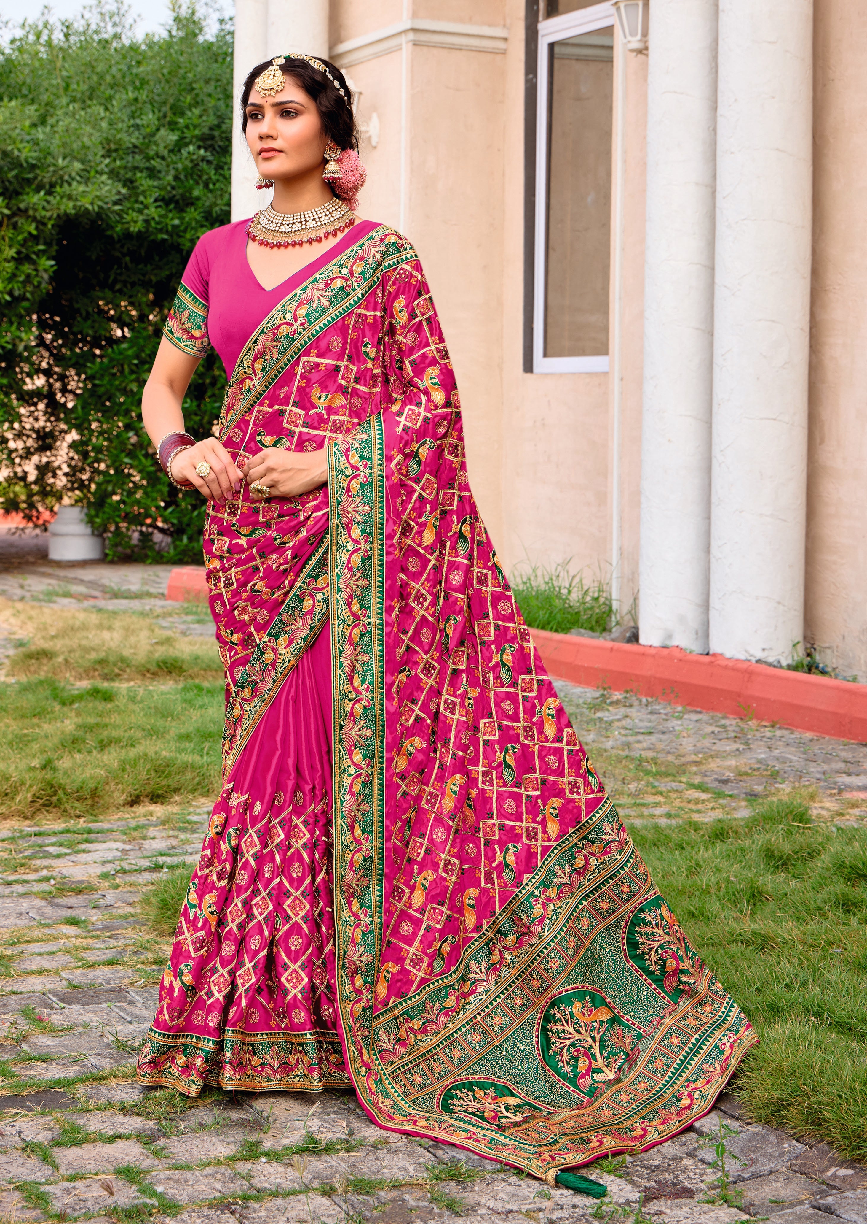 Pink Satin Silk Embroidery Saree-4424