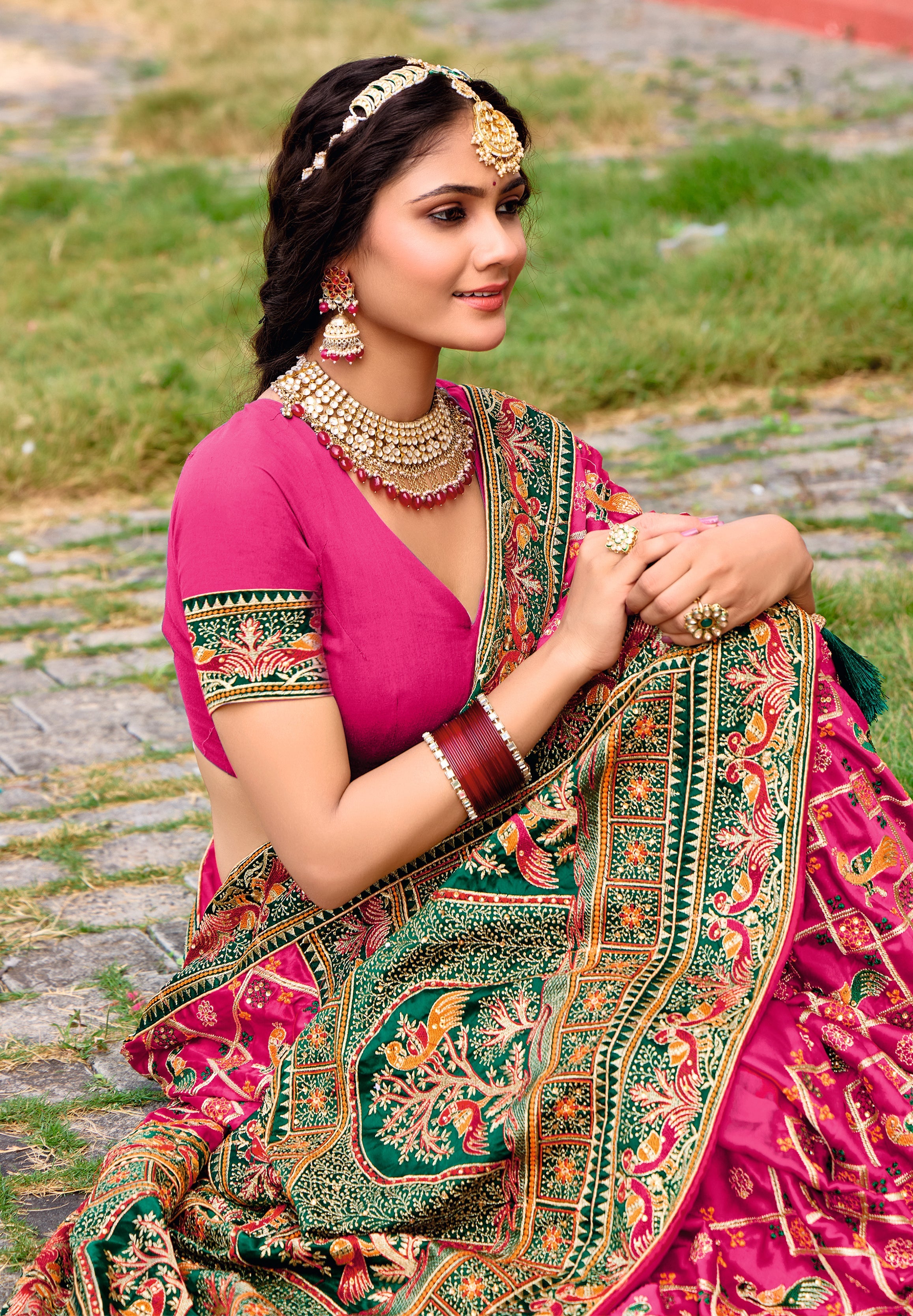 Pink Satin Silk Embroidery Saree-4424