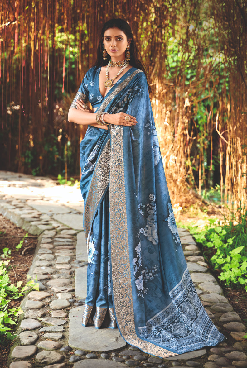 Teal Blue Cotton Silk Digital Floral Print Saree-4429