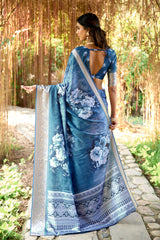 Teal Blue Cotton Silk Digital Floral Print Saree-4429