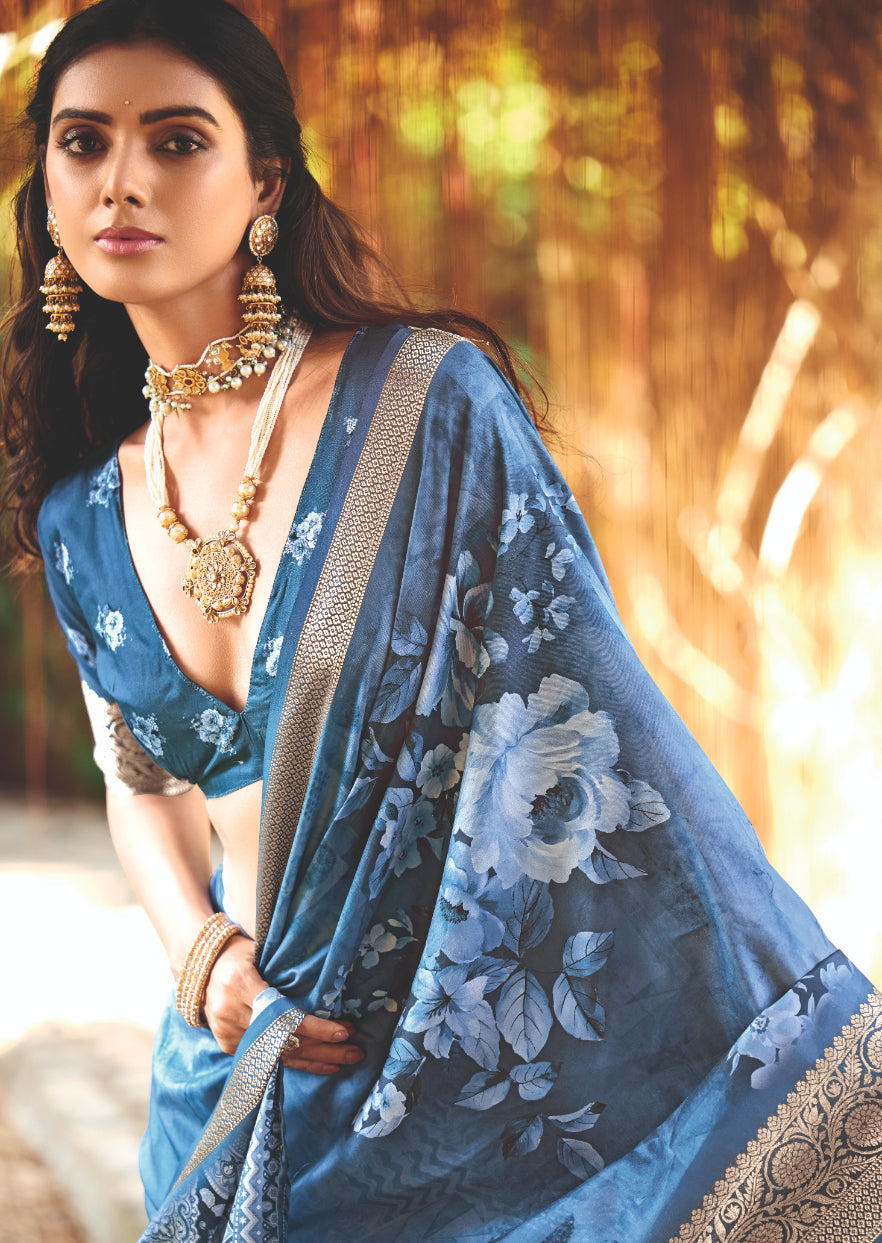 Teal Blue Cotton Silk Digital Floral Print Saree-4429