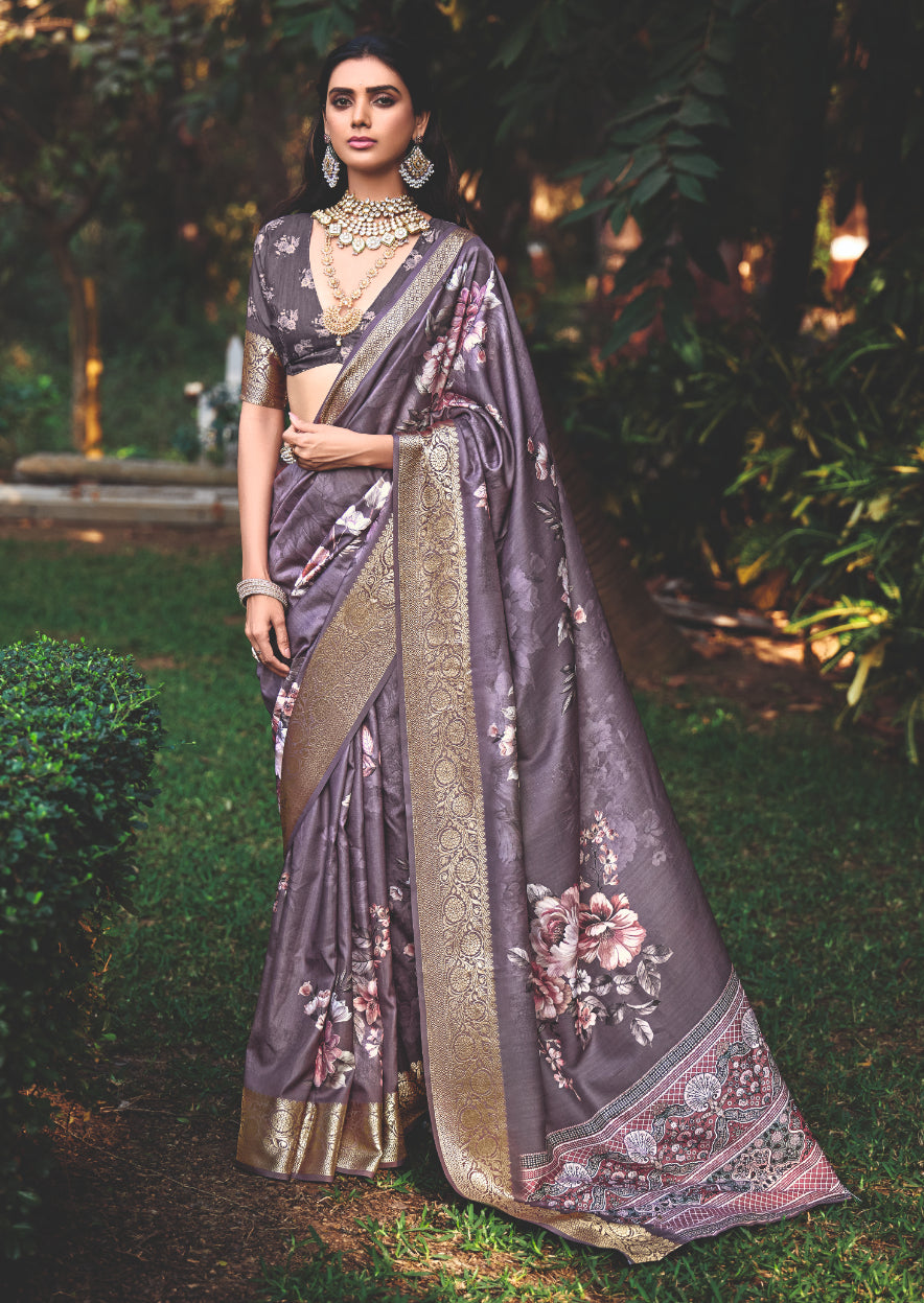 Purple Cotton Silk Digital Floral Print Saree-4435