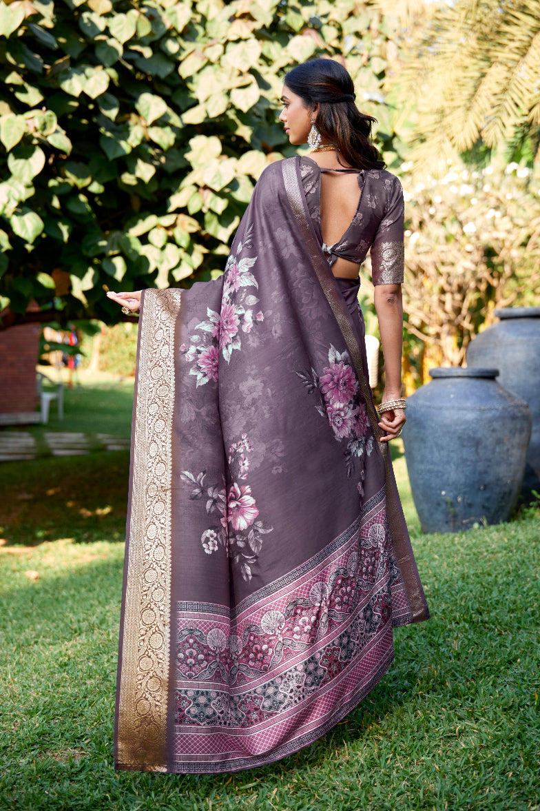 Purple Cotton Silk Digital Floral Print Saree-4435