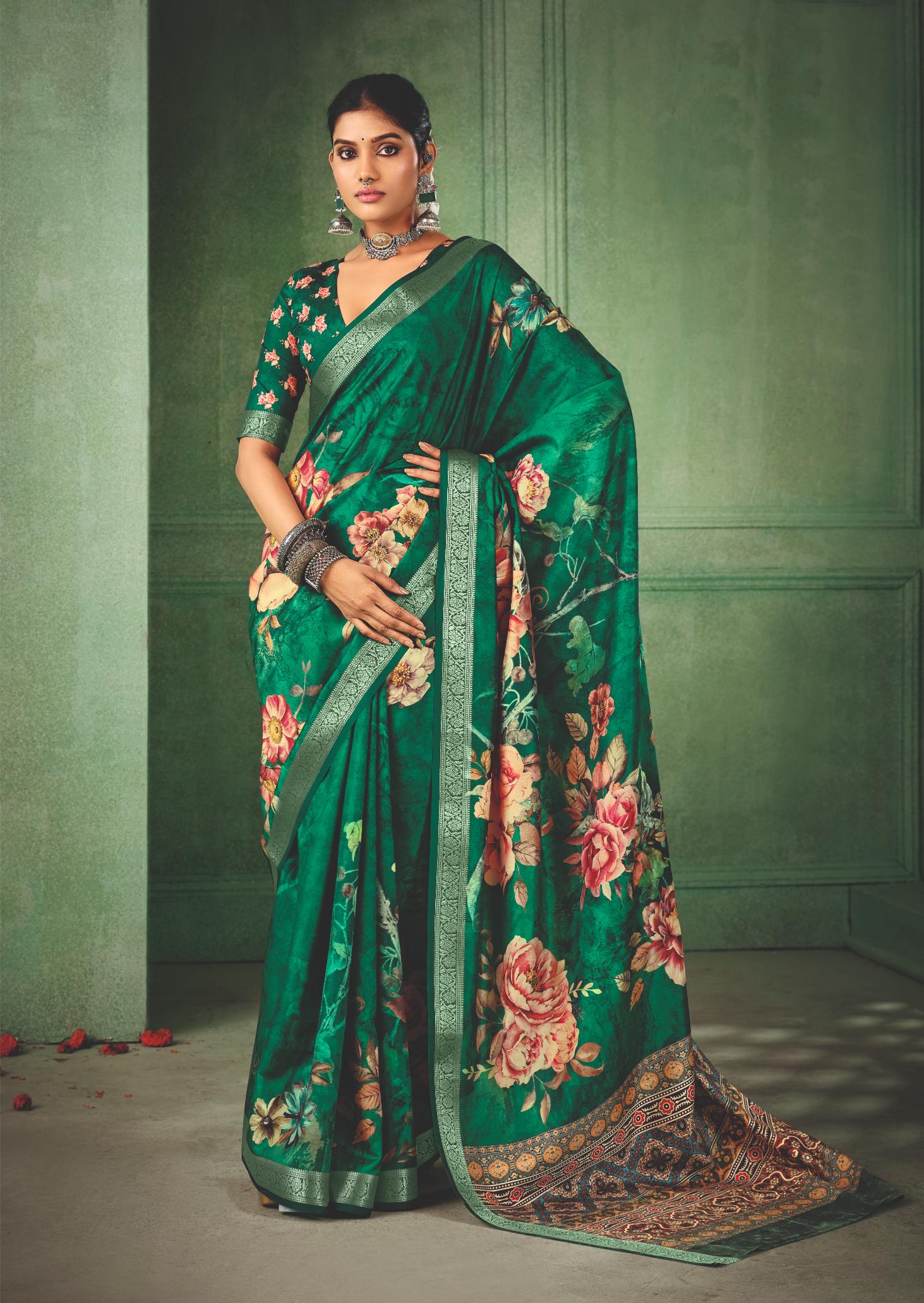 Teal Green Tussar Silk Floral Print Saree-4463