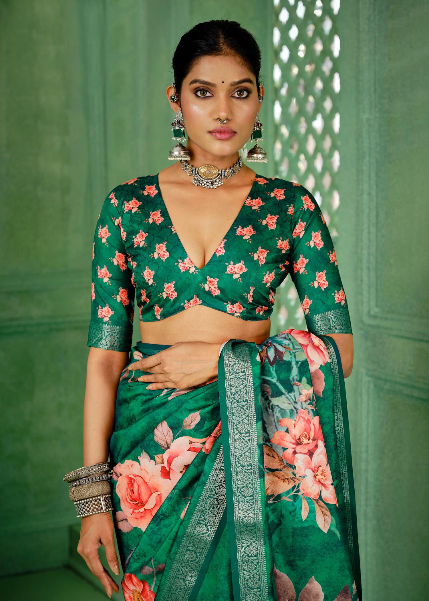 Teal Green Tussar Silk Floral Print Saree-4463