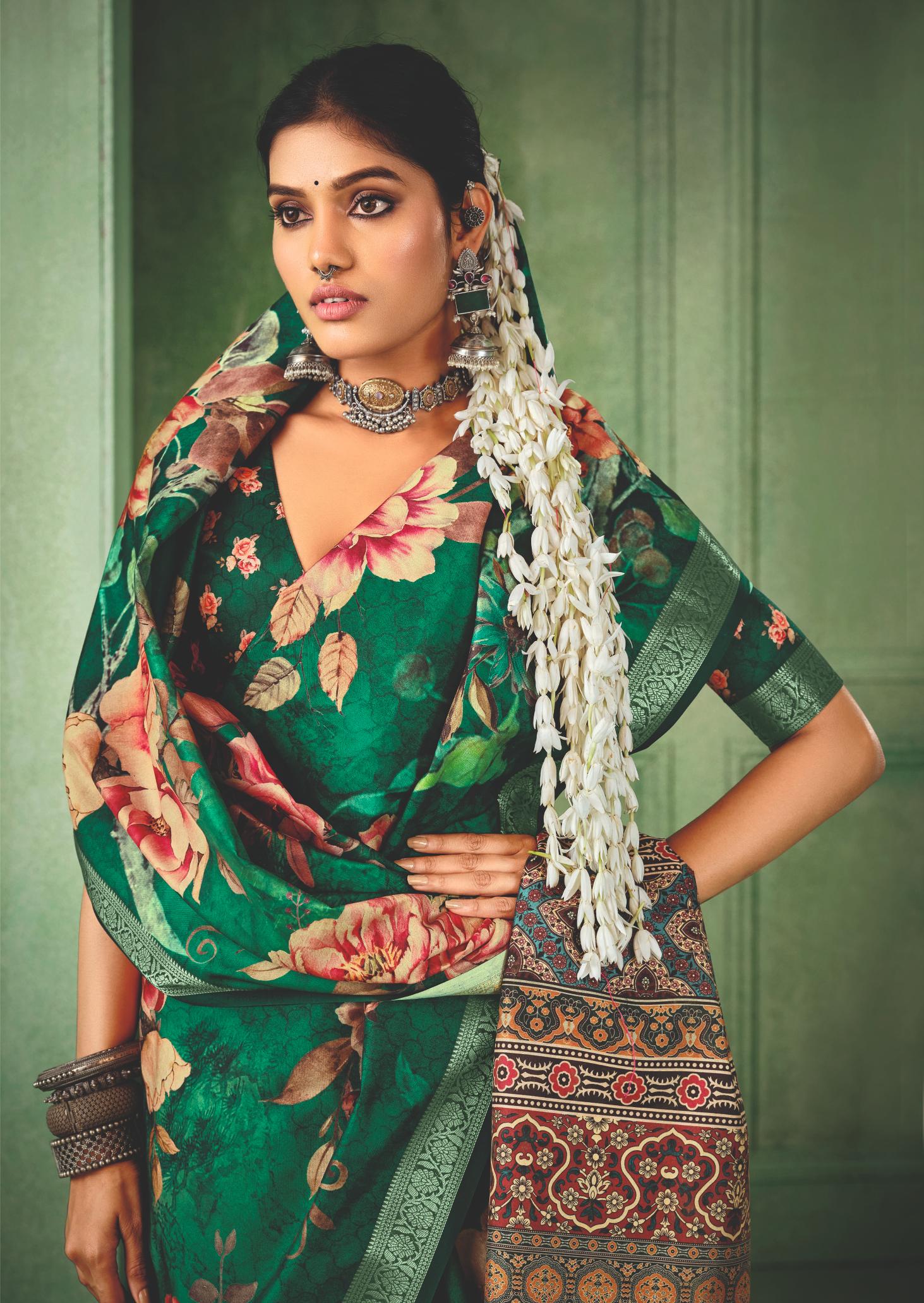 Teal Green Tussar Silk Floral Print Saree-4463