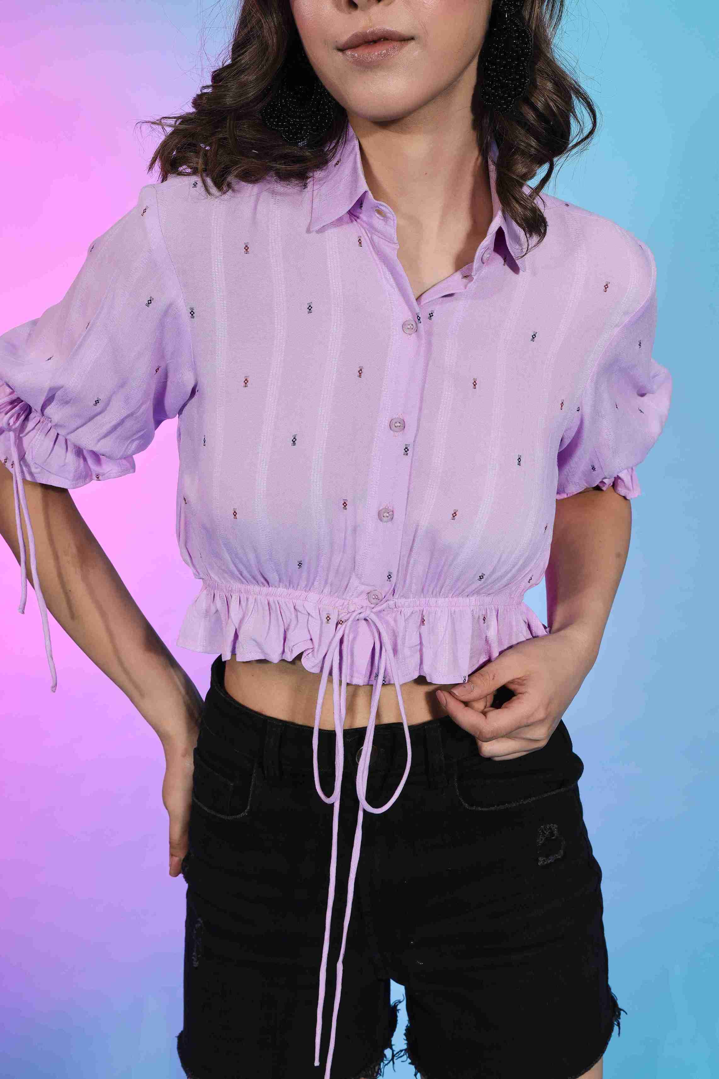 Lavender Colored Viscose Rayon Woven Self Designer Top For Women