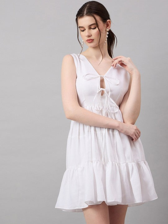 White Key Hole Mini Cotton Sleeveless Dress