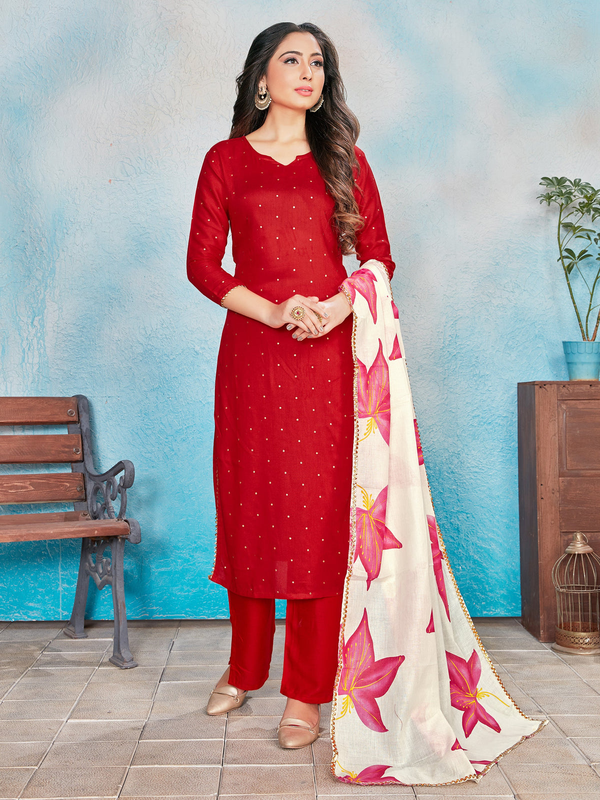 Stunning Red Rayon Kurta Set with Exquisite Foil Print for Festive Occasions