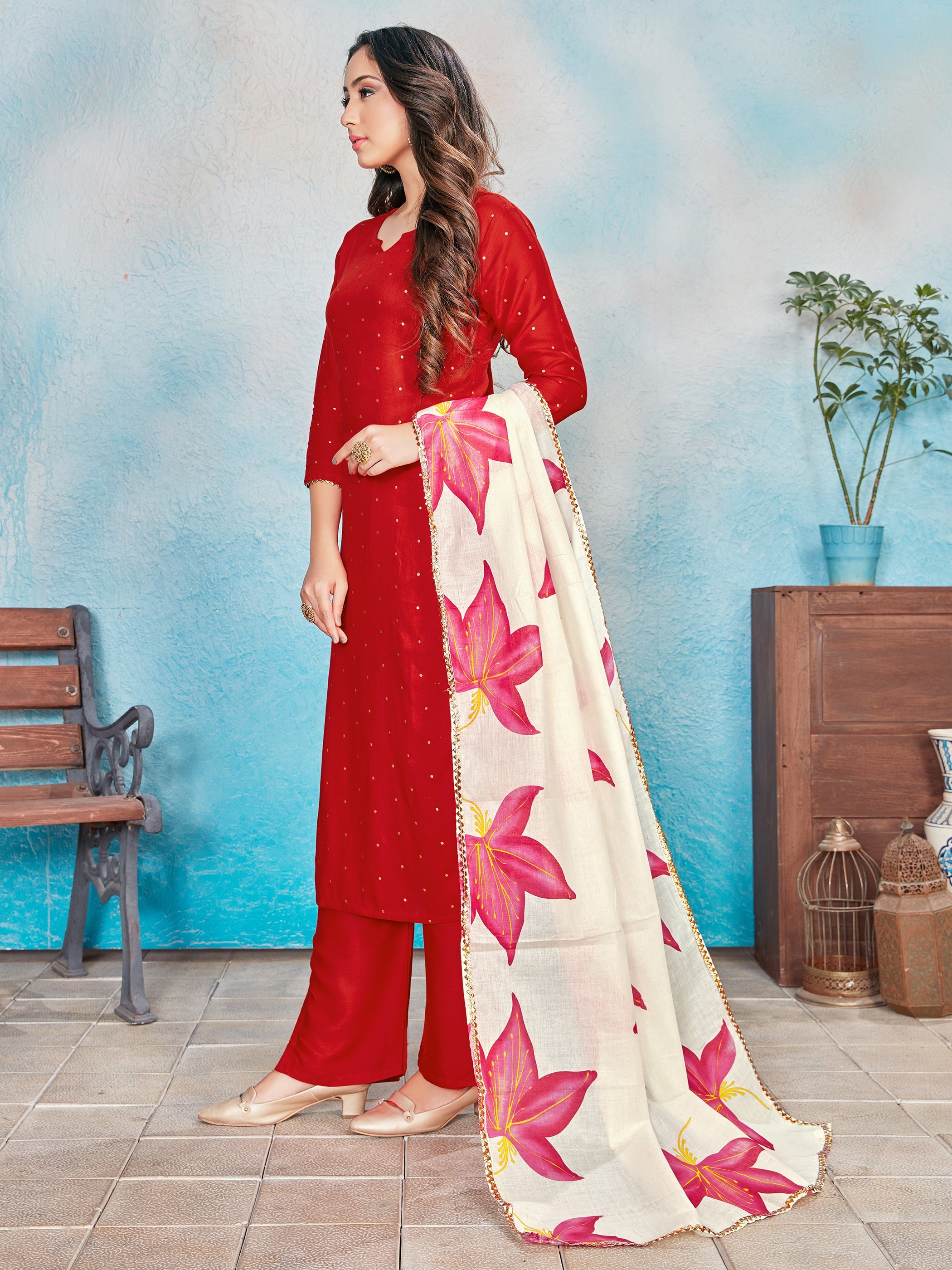 Stunning Red Rayon Kurta Set with Exquisite Foil Print for Festive Occasions