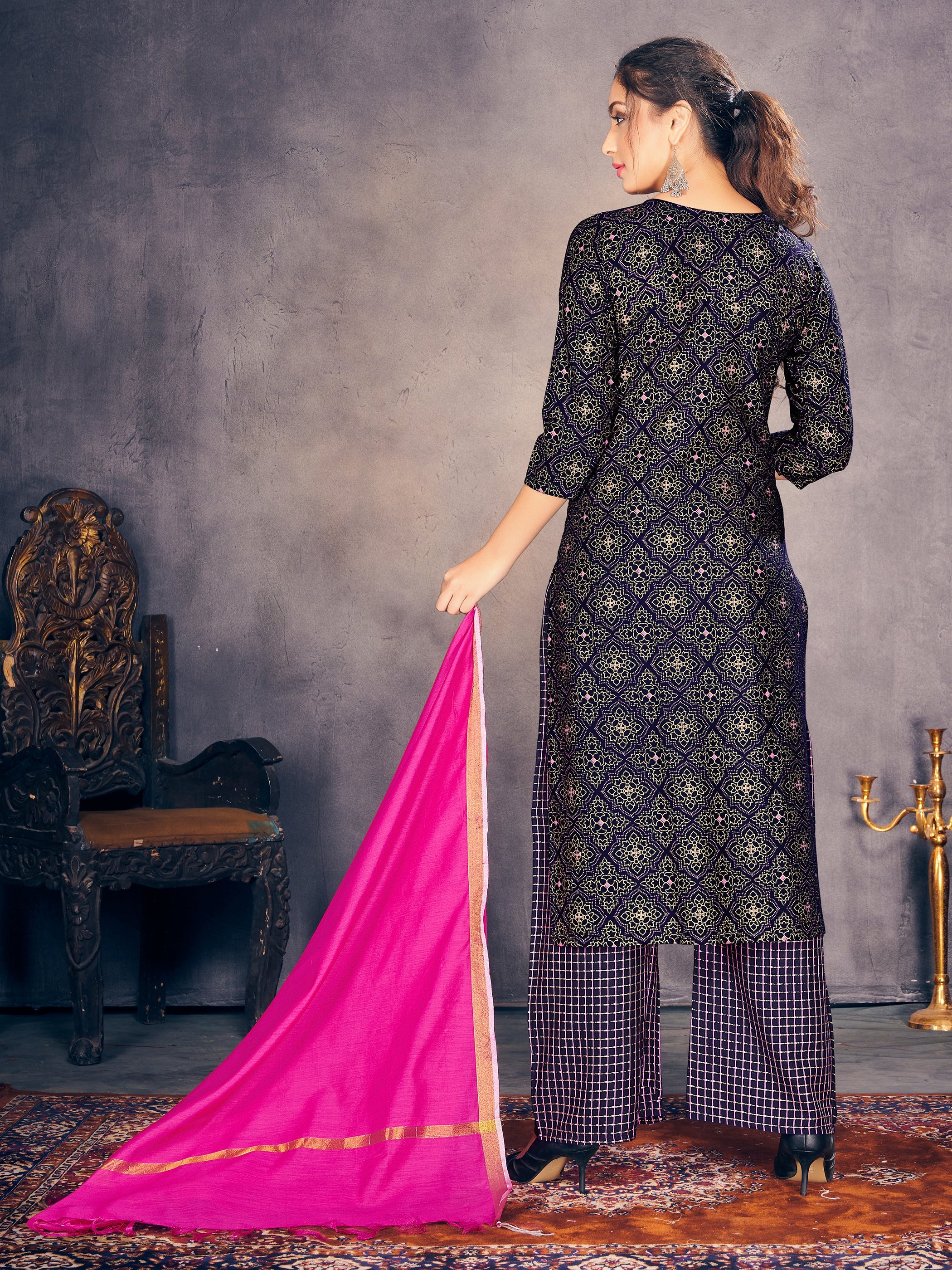 Elegant Navy Blue Rayon Kurta Set with Exquisite Block Print Detailing for Comfort