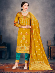 Luxurious Mustard Poly Silk Fabric with Intricate Banarasi Weaving for Elegance