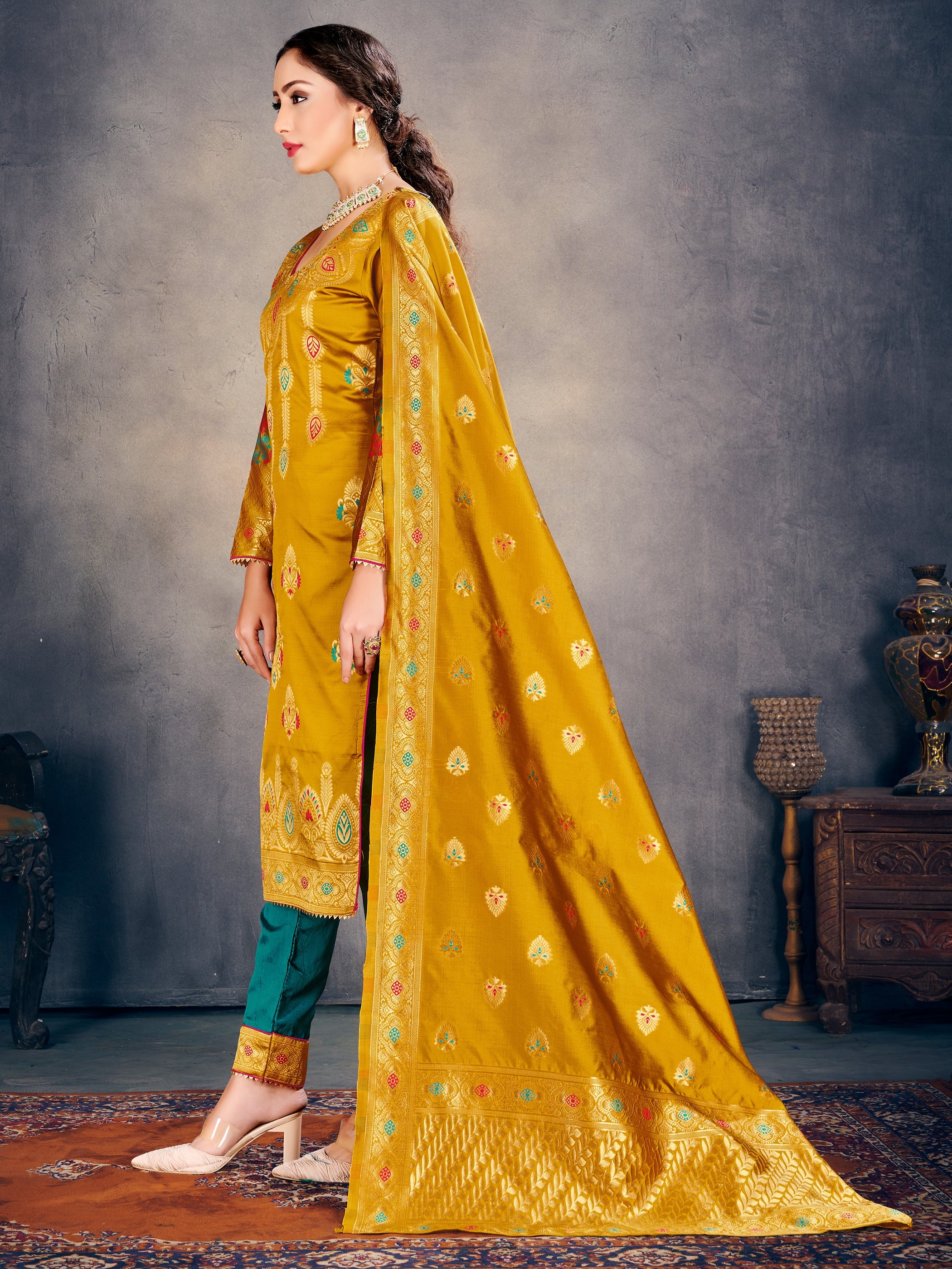 Luxurious Mustard Poly Silk Fabric with Intricate Banarasi Weaving for Elegance