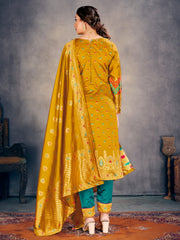 Luxurious Mustard Poly Silk Fabric with Intricate Banarasi Weaving for Elegance