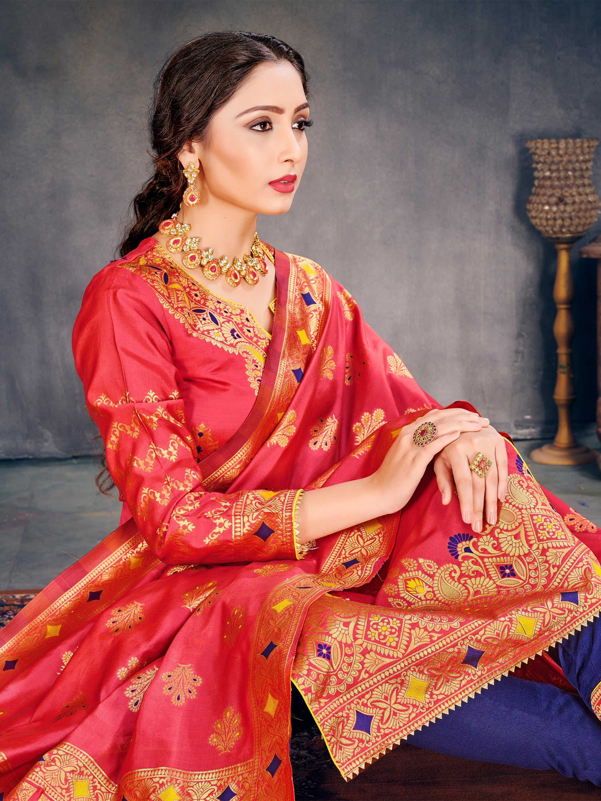 Luxurious Peach Poly Silk Kurta Set with Banarasi Weaving for Festive Elegance