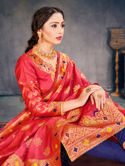 Luxurious Peach Poly Silk Kurta Set with Banarasi Weaving for Festive Elegance