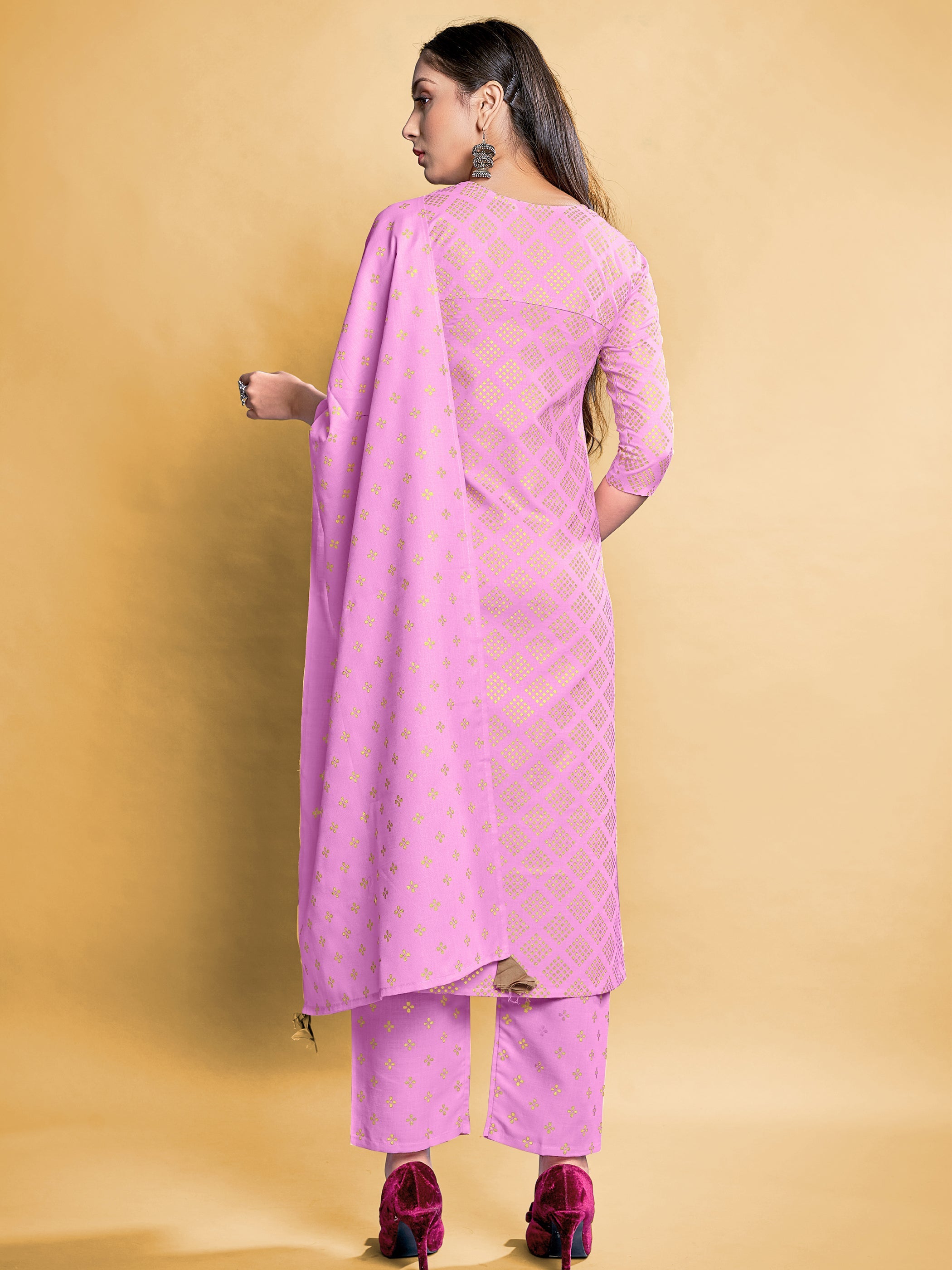 Elegant Lavender Cotton Dress: Foil Prints & Breathable Comfort for Any Occasion