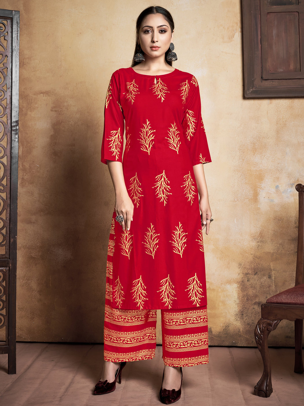 Stunning Red Rayon Foil Printed Kurta Set: Elevate Your Style with Elegance