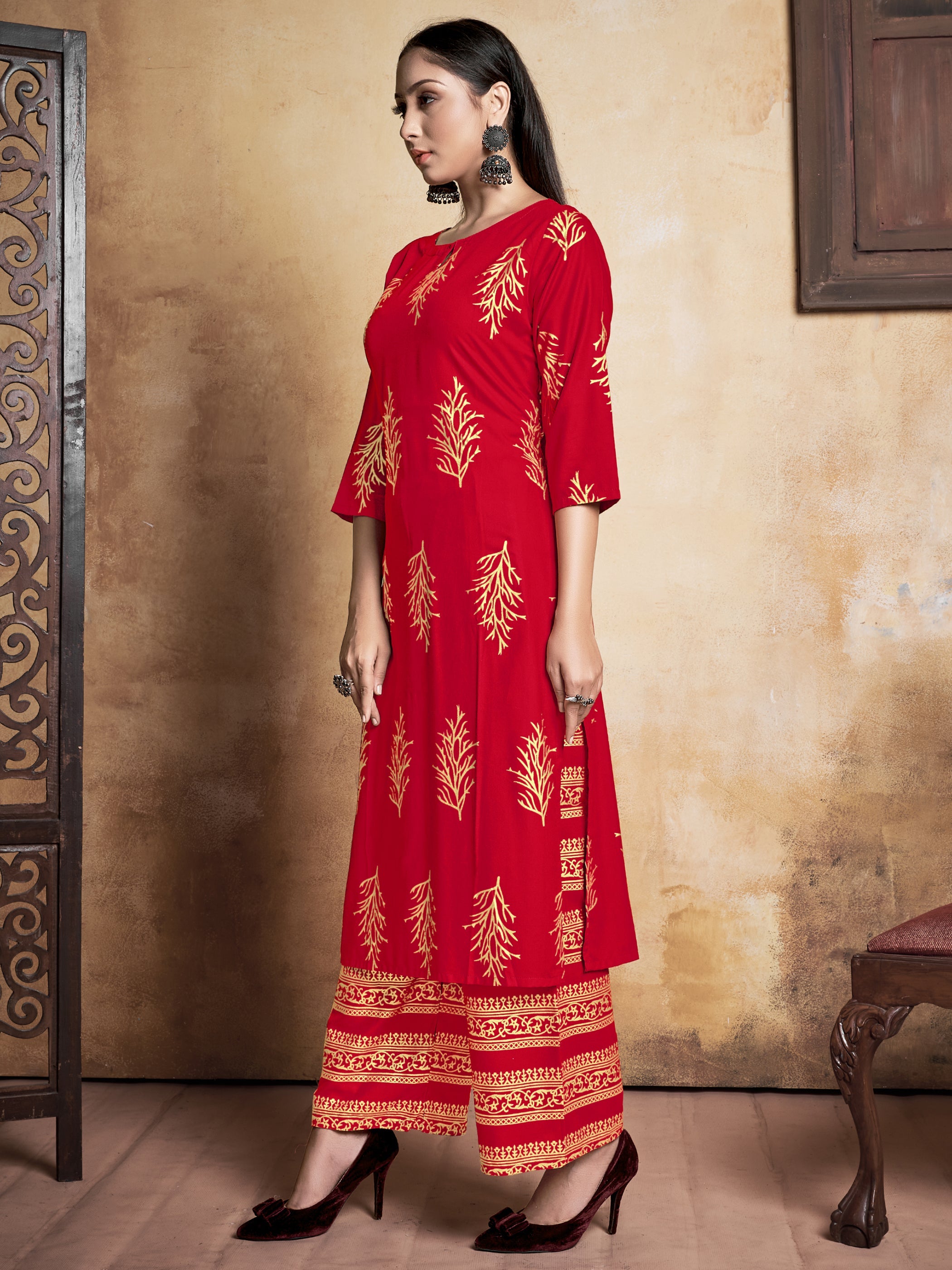 Stunning Red Rayon Foil Printed Kurta Set: Elevate Your Style with Elegance