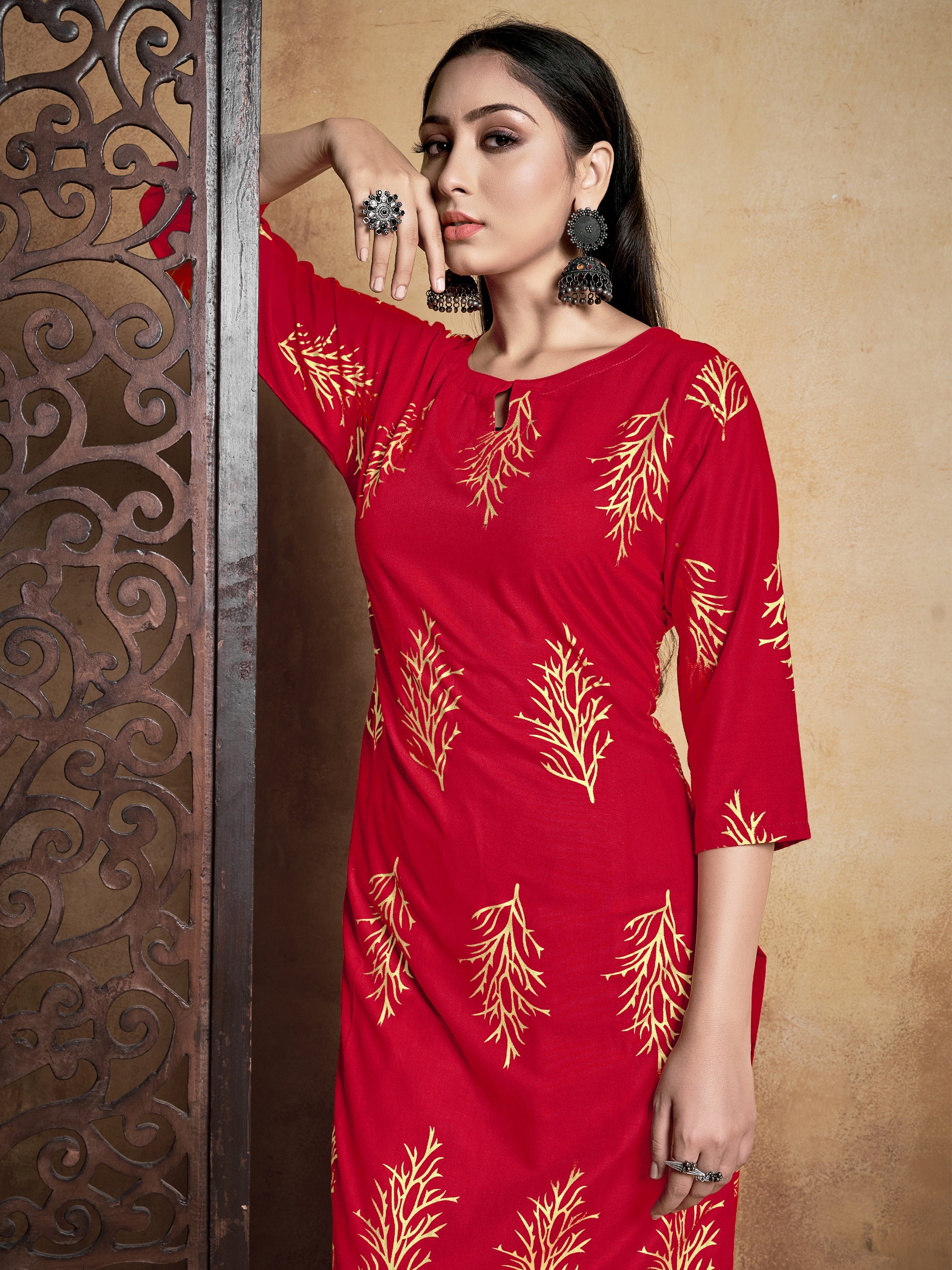 Stunning Red Rayon Foil Printed Kurta Set: Elevate Your Style with Elegance