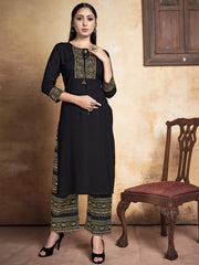 Stunning Black Rayon Foil Printed Kurta Set: Elegance for Festive Occasions