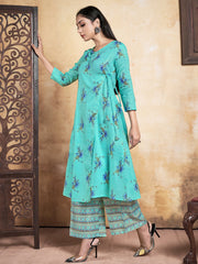 Elegant Teal Rayon Suit: Intricate Prints & Breathable Fabric for Any Occasion