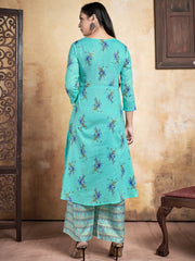 Elegant Teal Rayon Suit: Intricate Prints & Breathable Fabric for Any Occasion