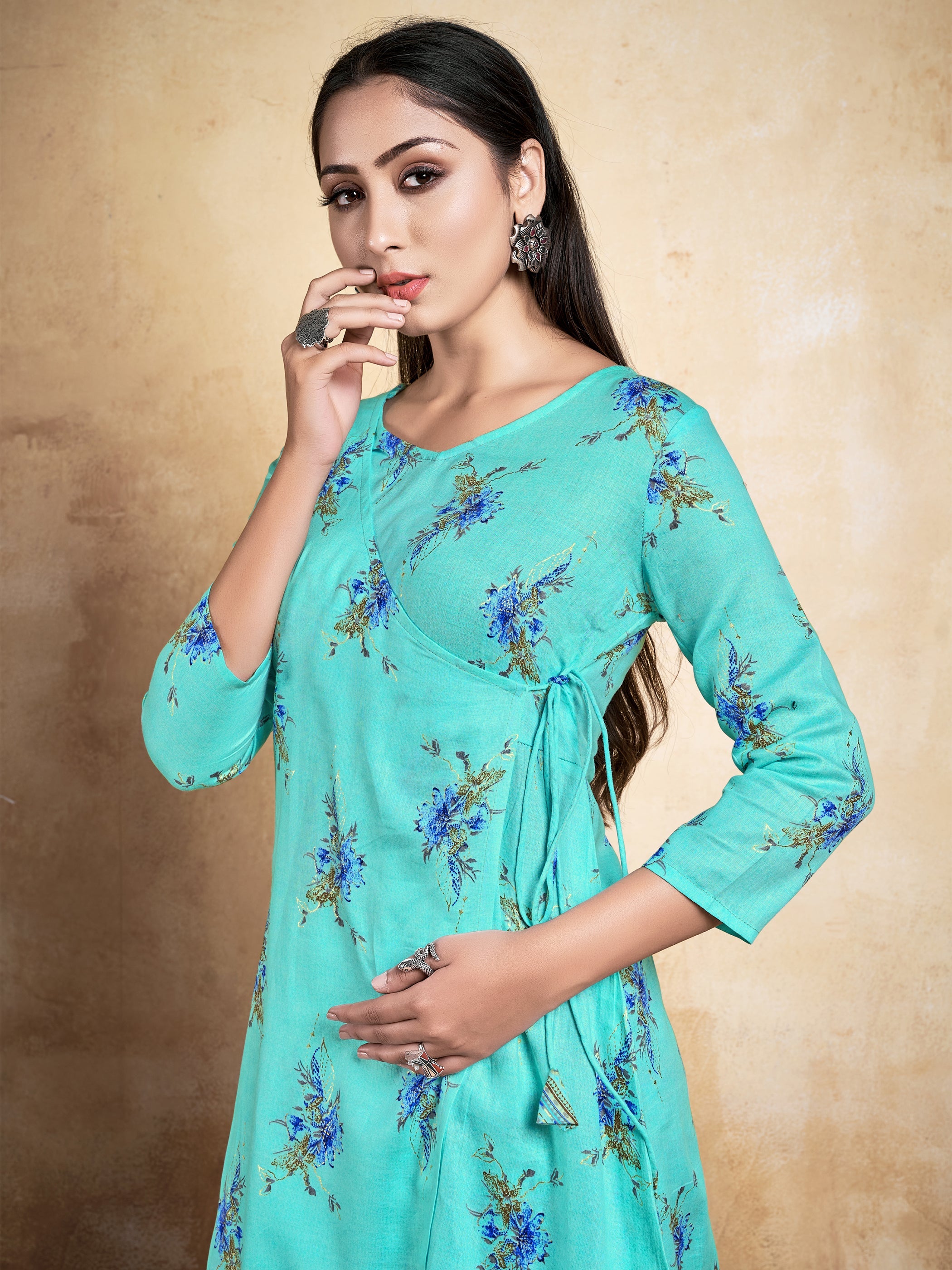 Elegant Teal Rayon Suit: Intricate Prints & Breathable Fabric for Any Occasion