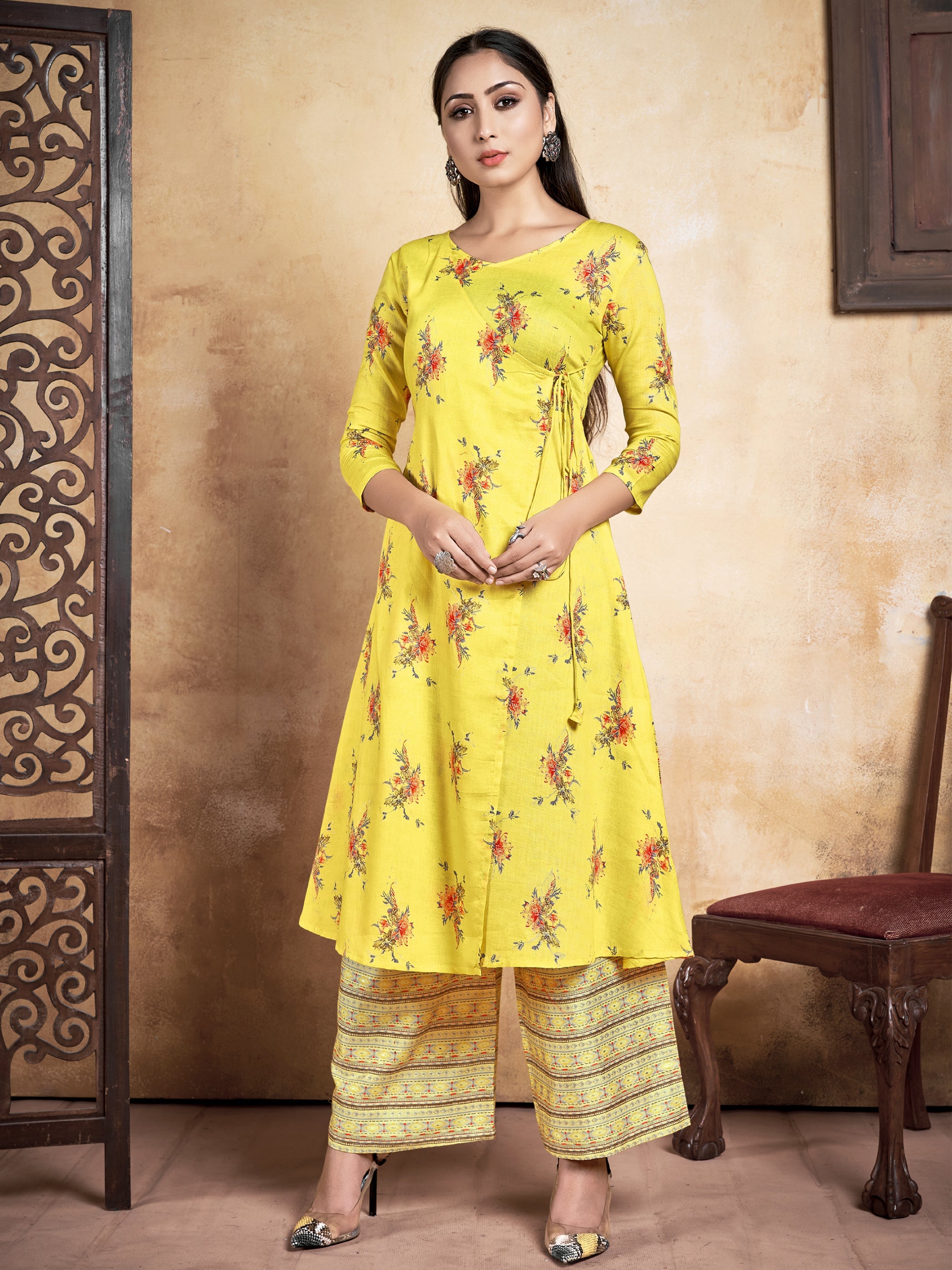 Vibrant Yellow Rayon Kurta Set: Elegant Print, Comfort & Versatility for All