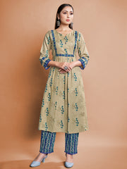 Beige Cotton Printed Kurta Set: Elevate Style with Comfort & Elegance