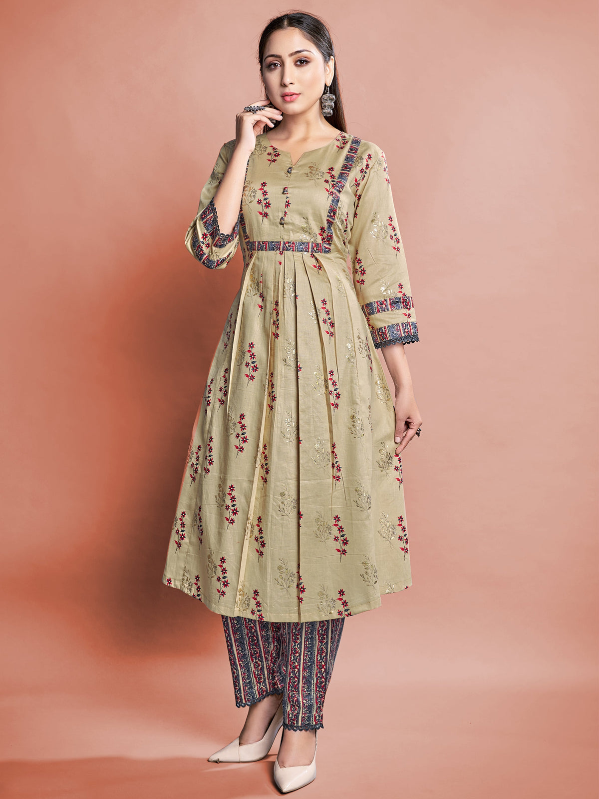 Beige Cotton Printed Kurta Set: Elevate Style with Comfort & Elegance