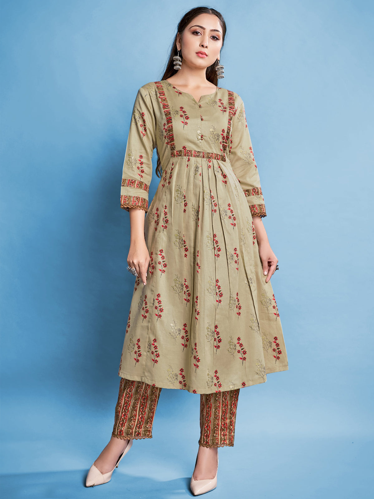 Beige Cotton Printed Kurta Set: Elevate Style with Comfort & Elegance