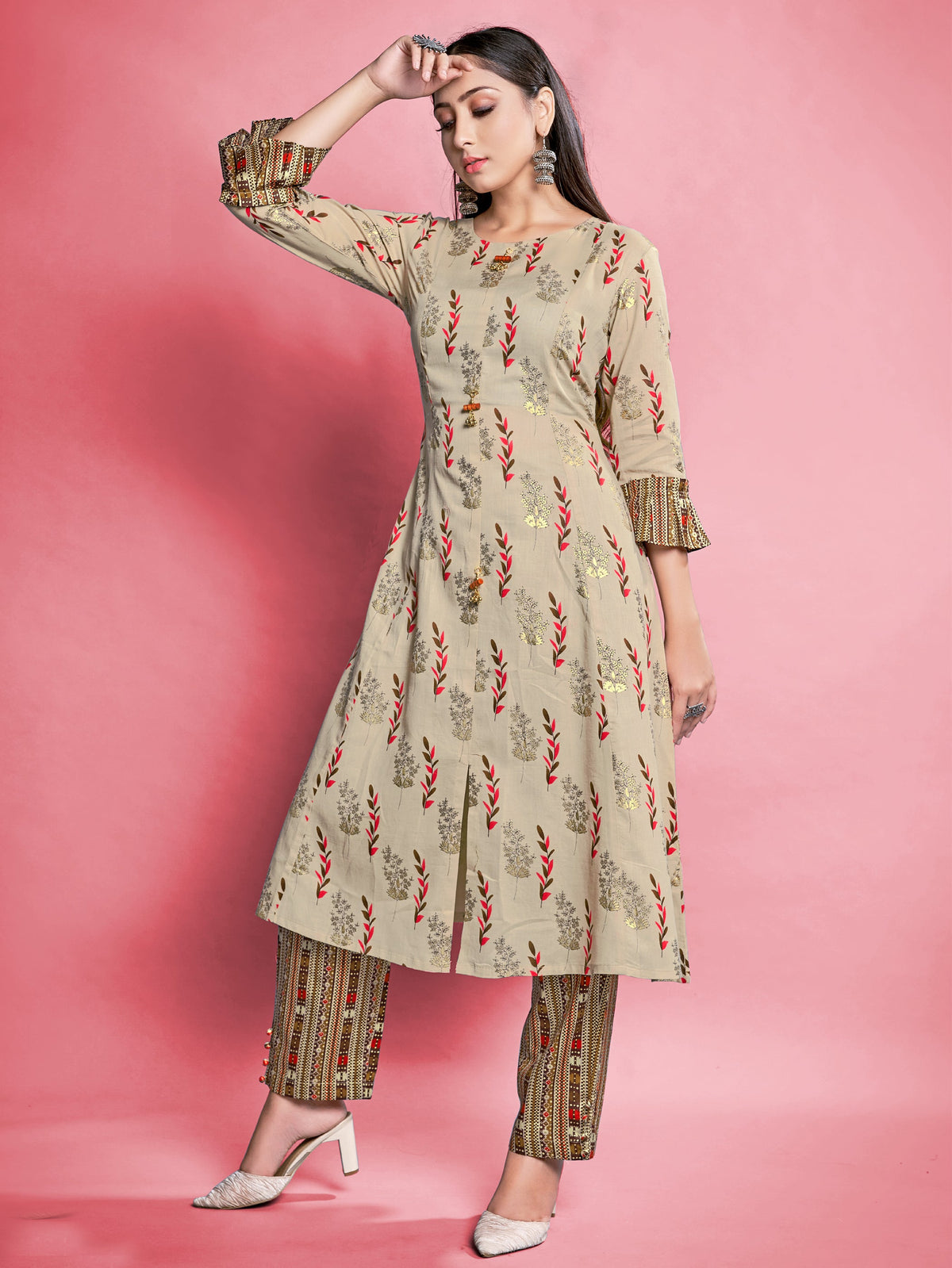 Beige Cotton Printed Kurta Set: Elevate Style with Comfort & Elegance