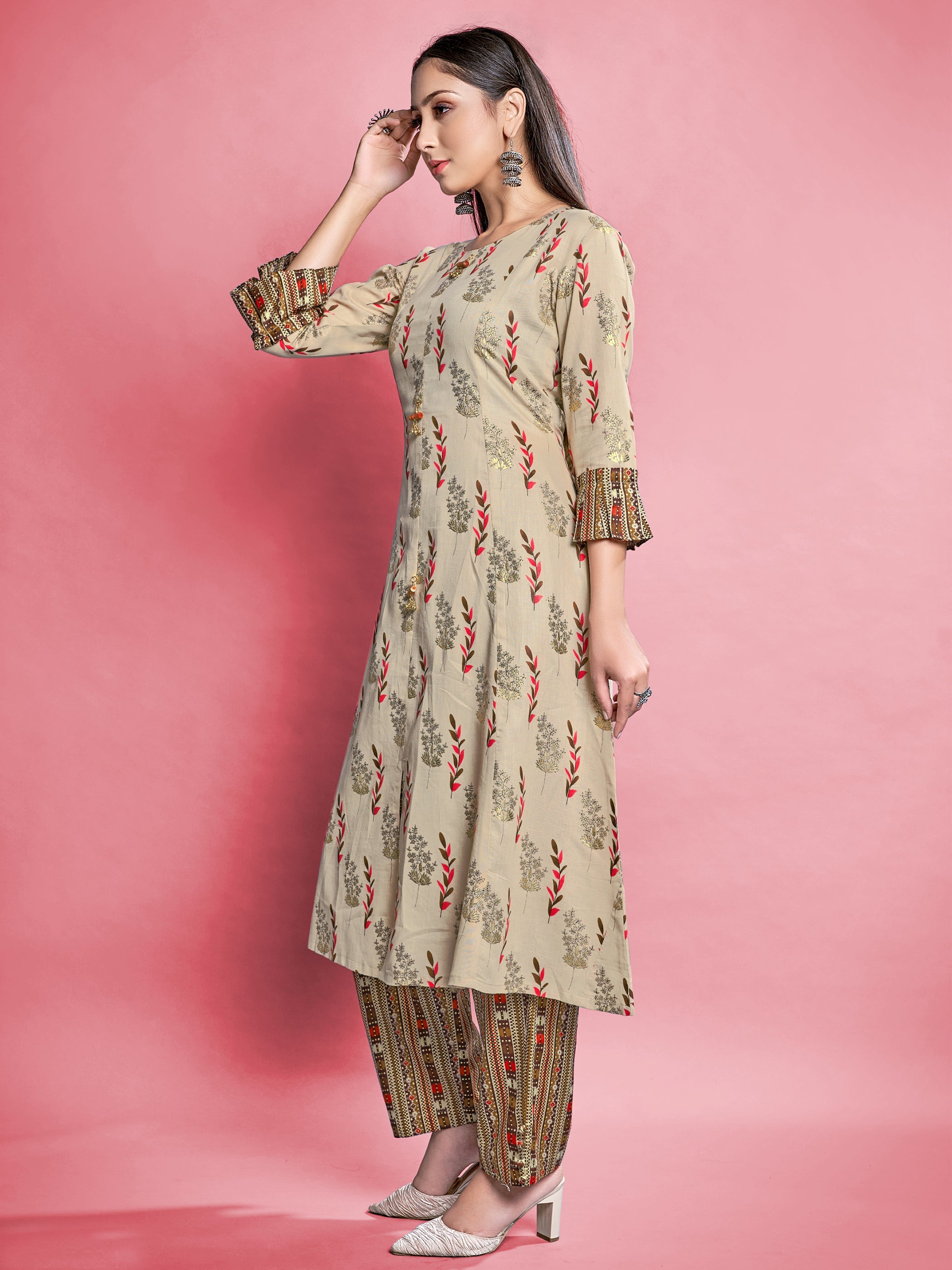 Beige Cotton Printed Kurta Set: Elevate Style with Comfort & Elegance