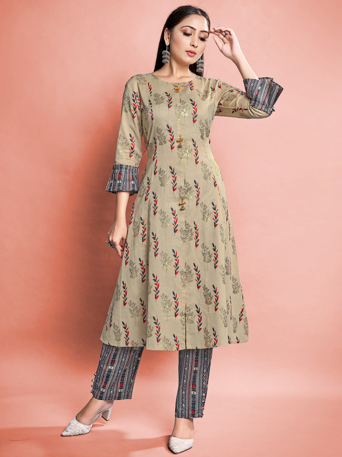 Beige Cotton Printed Kurta Set: Elevate Style with Comfort & Elegance