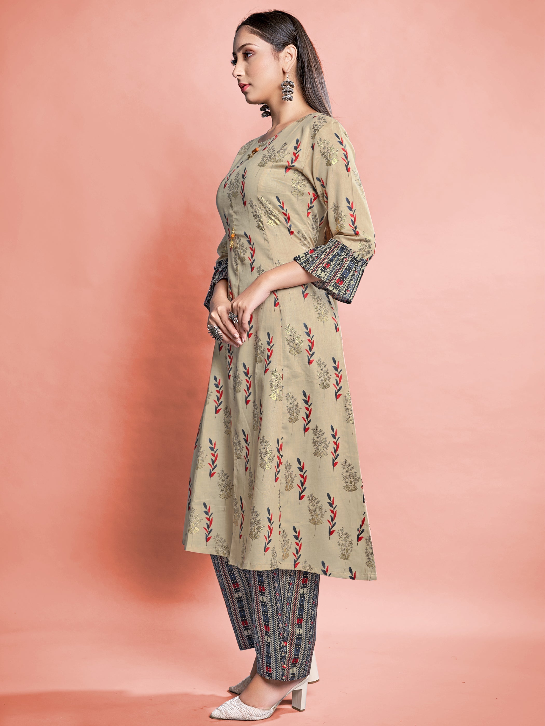 Beige Cotton Printed Kurta Set: Elevate Style with Comfort & Elegance