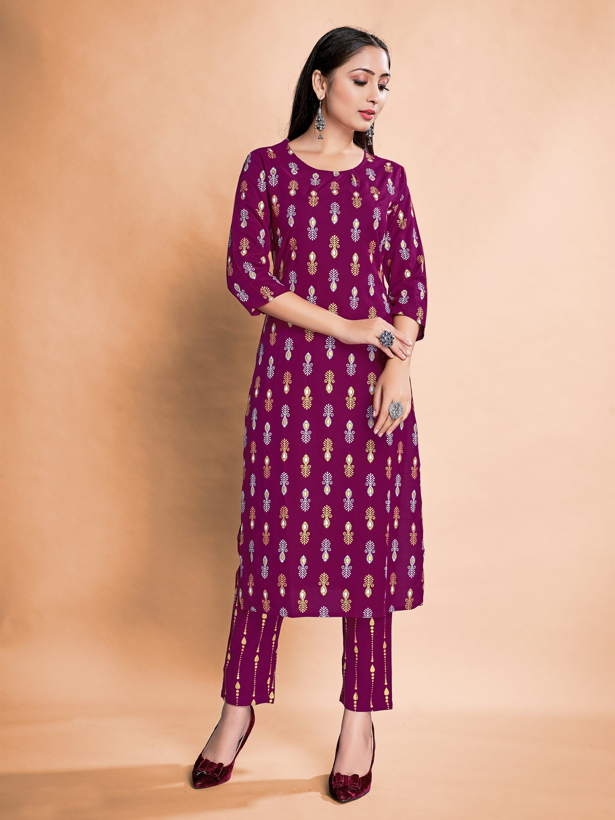 Stunning Purple Rayon Foil Printed Kurta Set for Festive & Casual Occasions