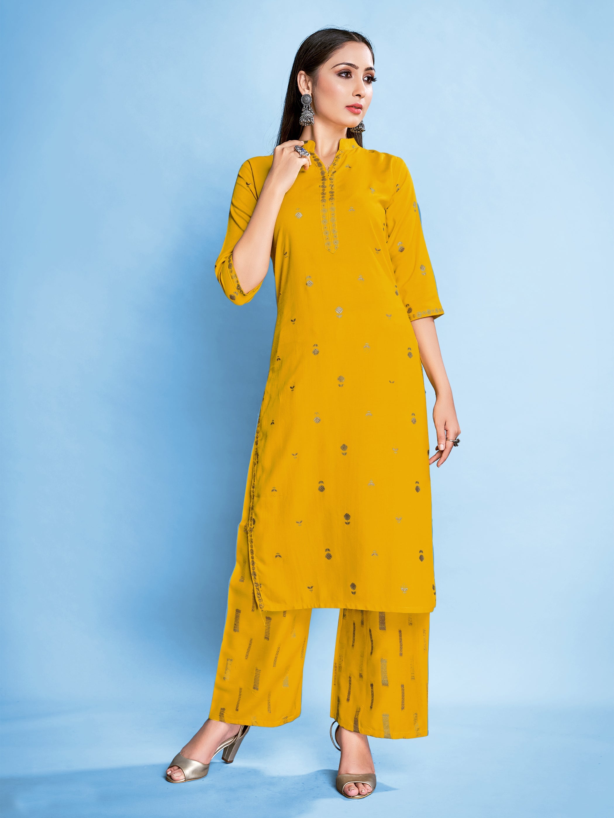 Elevate Your Style with a Yellow Rayon Foil Printed Kurta Set: Elegance & Comfort