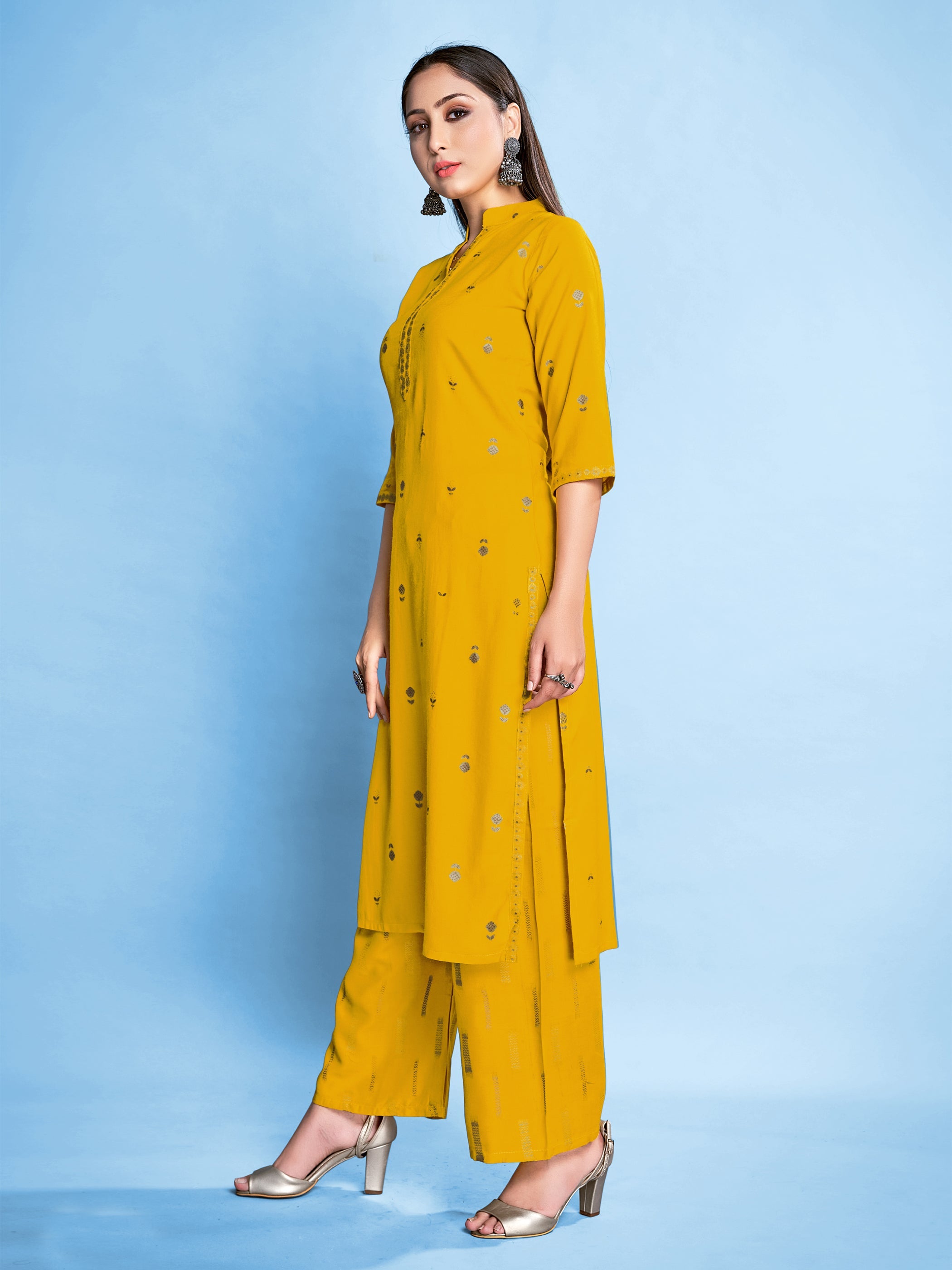 Elevate Your Style with a Yellow Rayon Foil Printed Kurta Set: Elegance & Comfort