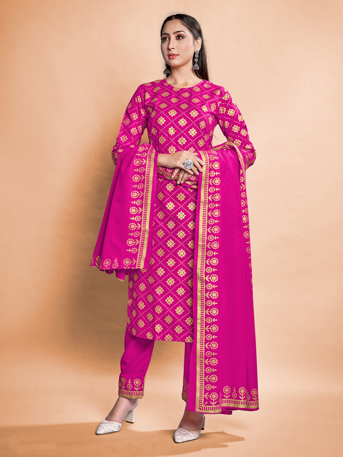 Stunning Pink Rayon Foil Printed Kurta Set - Perfect for Festive Occasions