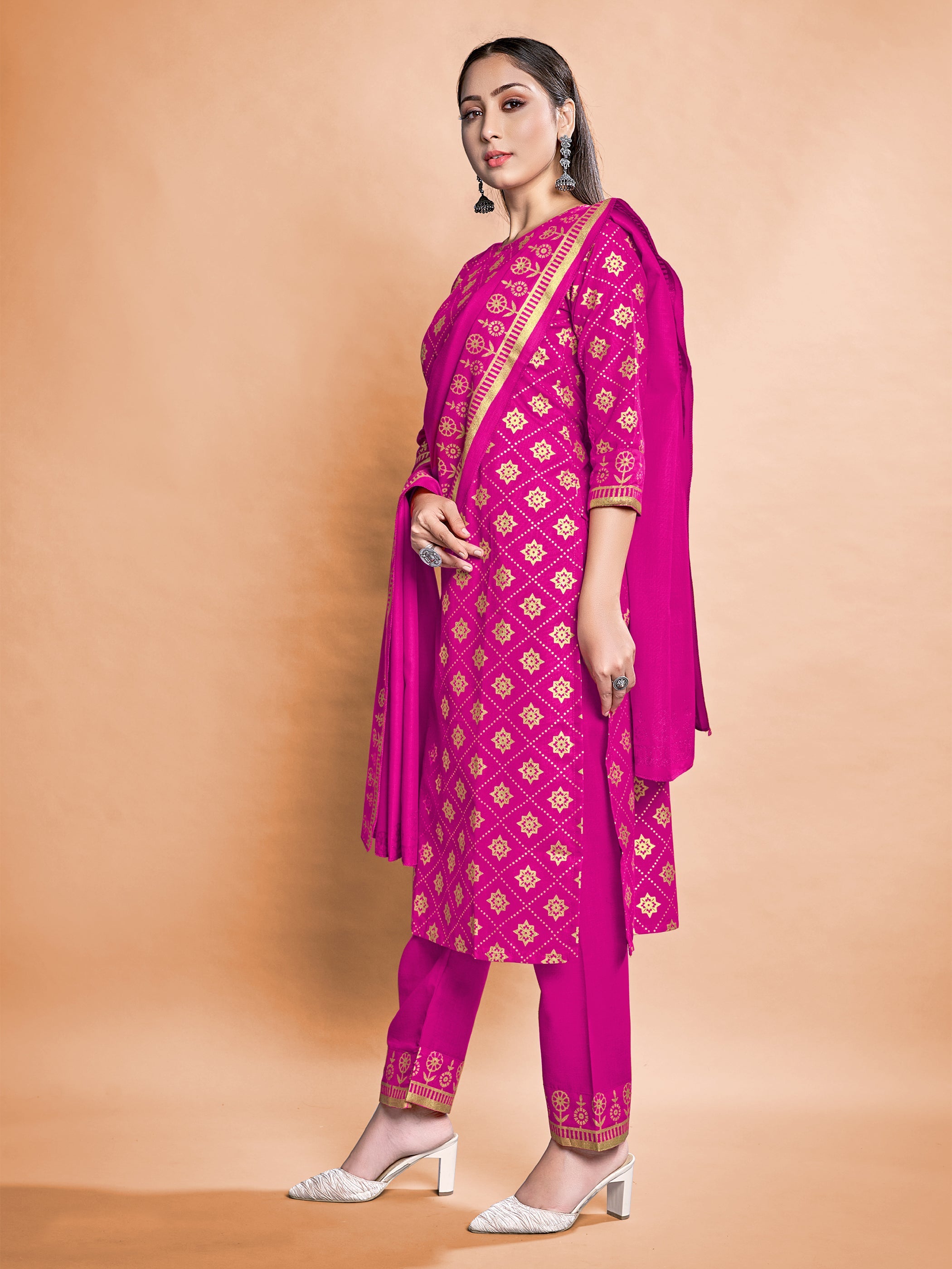 Stunning Pink Rayon Foil Printed Kurta Set - Perfect for Festive Occasions