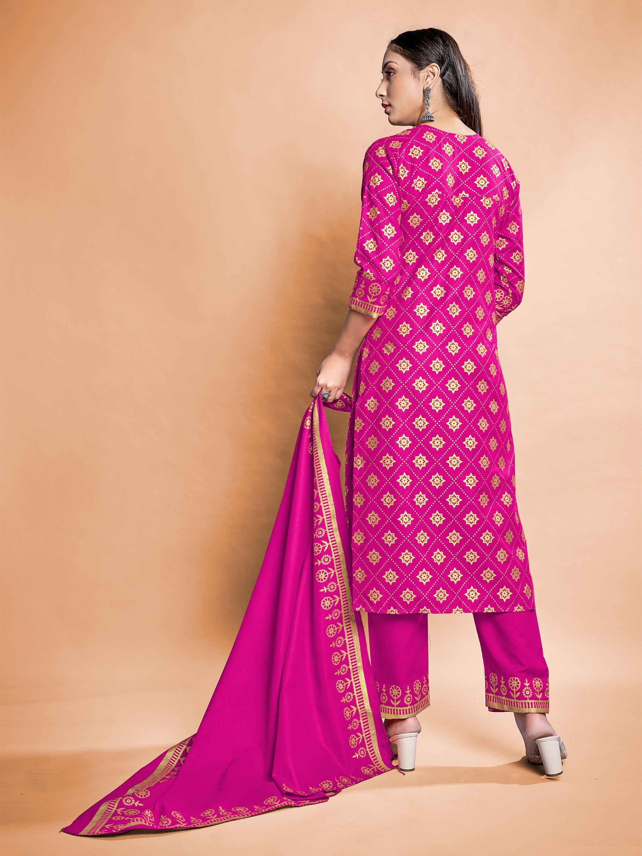 Stunning Pink Rayon Foil Printed Kurta Set - Perfect for Festive Occasions