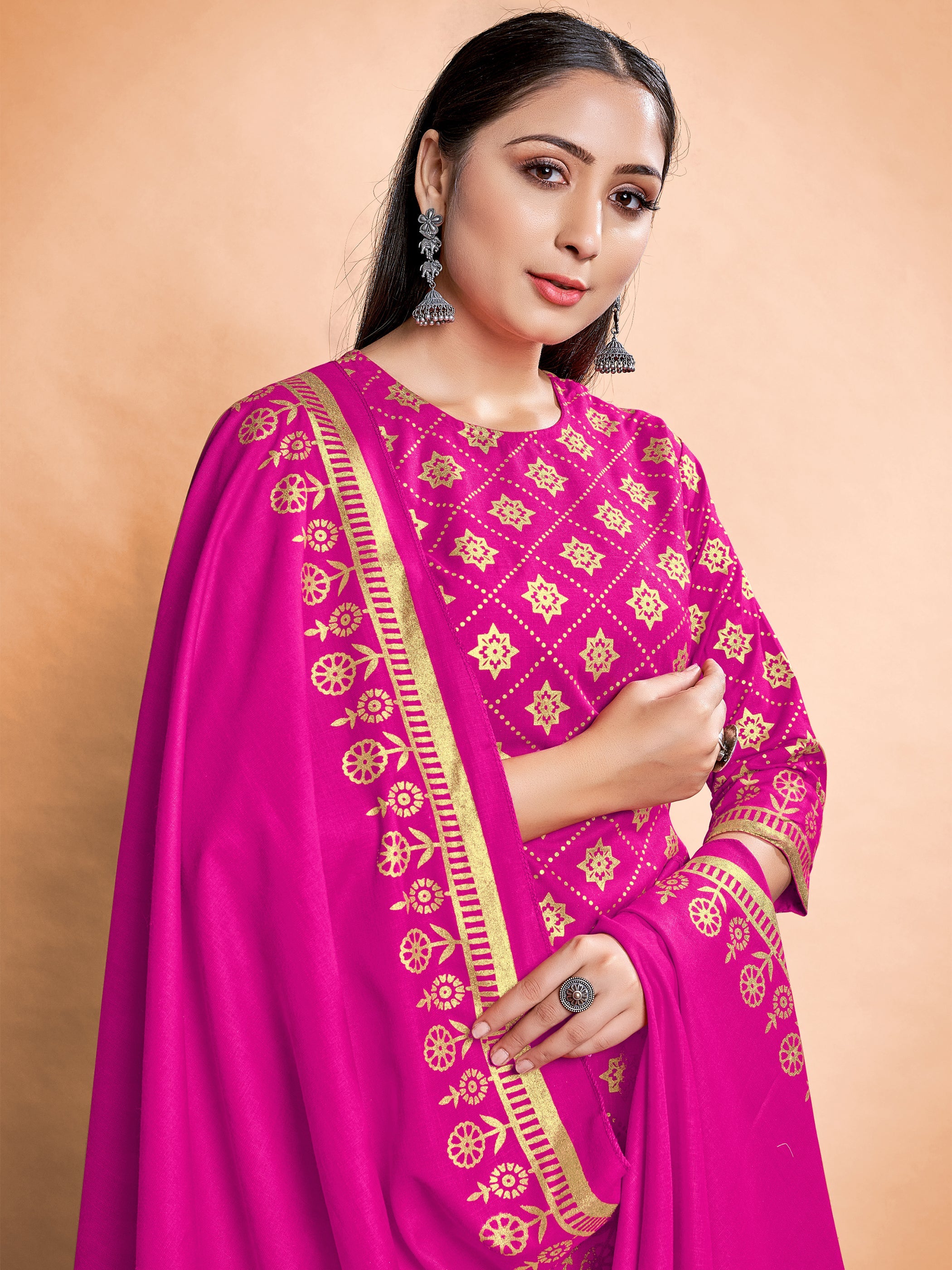 Stunning Pink Rayon Foil Printed Kurta Set - Perfect for Festive Occasions