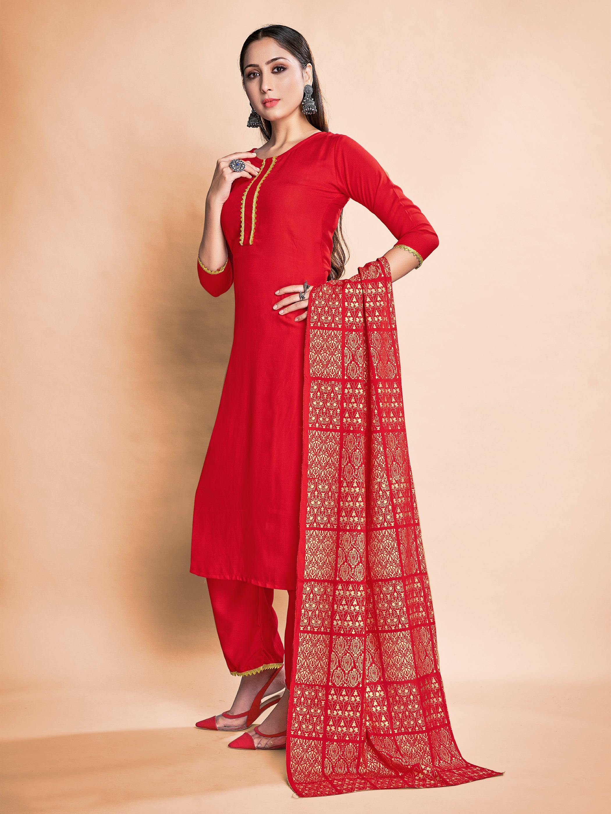 Stunning Red Rayon Foil Printed Kurta Set: Elevate Your Style with Elegance