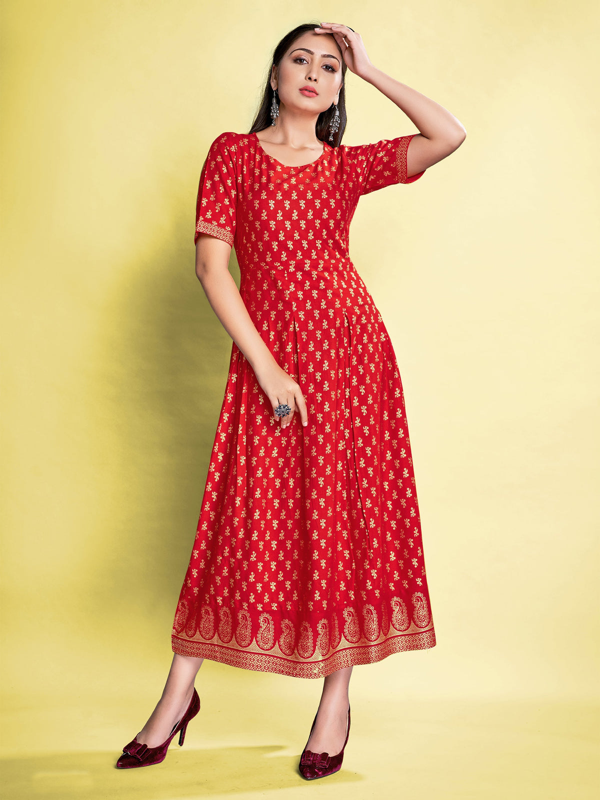 Stunning Red Rayon Foil Printed Kurta Set: Elevate Your Style with Elegance