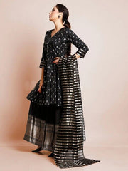 Elegant Black Art Silk Kurta Set: Intricate Woven Patterns & Versatile Style